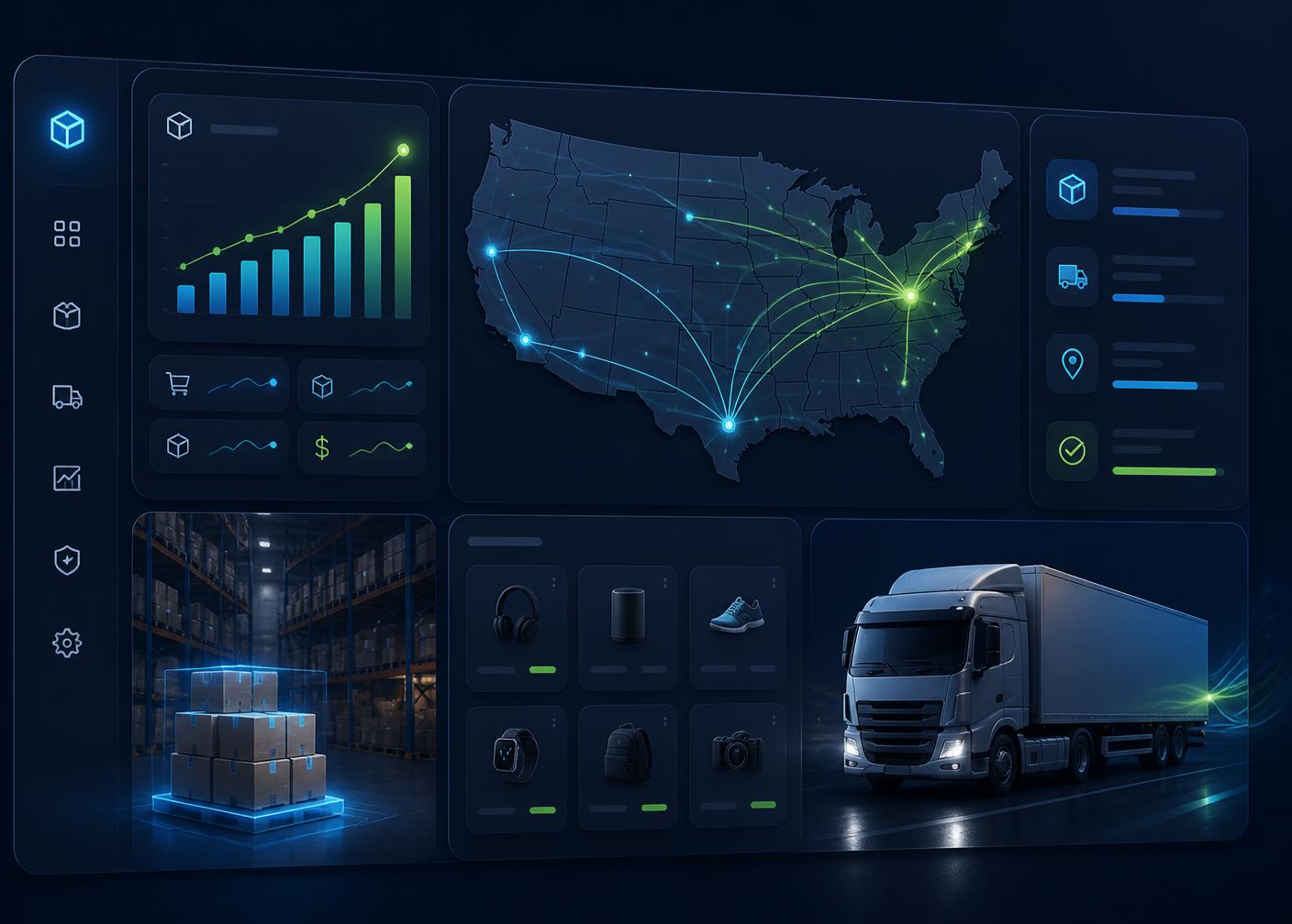Moja Mart BD warehouse dashboard showing US shipping routes, live order analytics, and same-day fulfillment